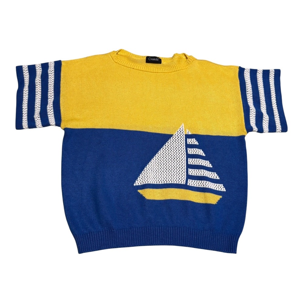 Vintage 90s Catalina Sailboat Yellow Blue‎ Short Sleeve Sweater Women's Large